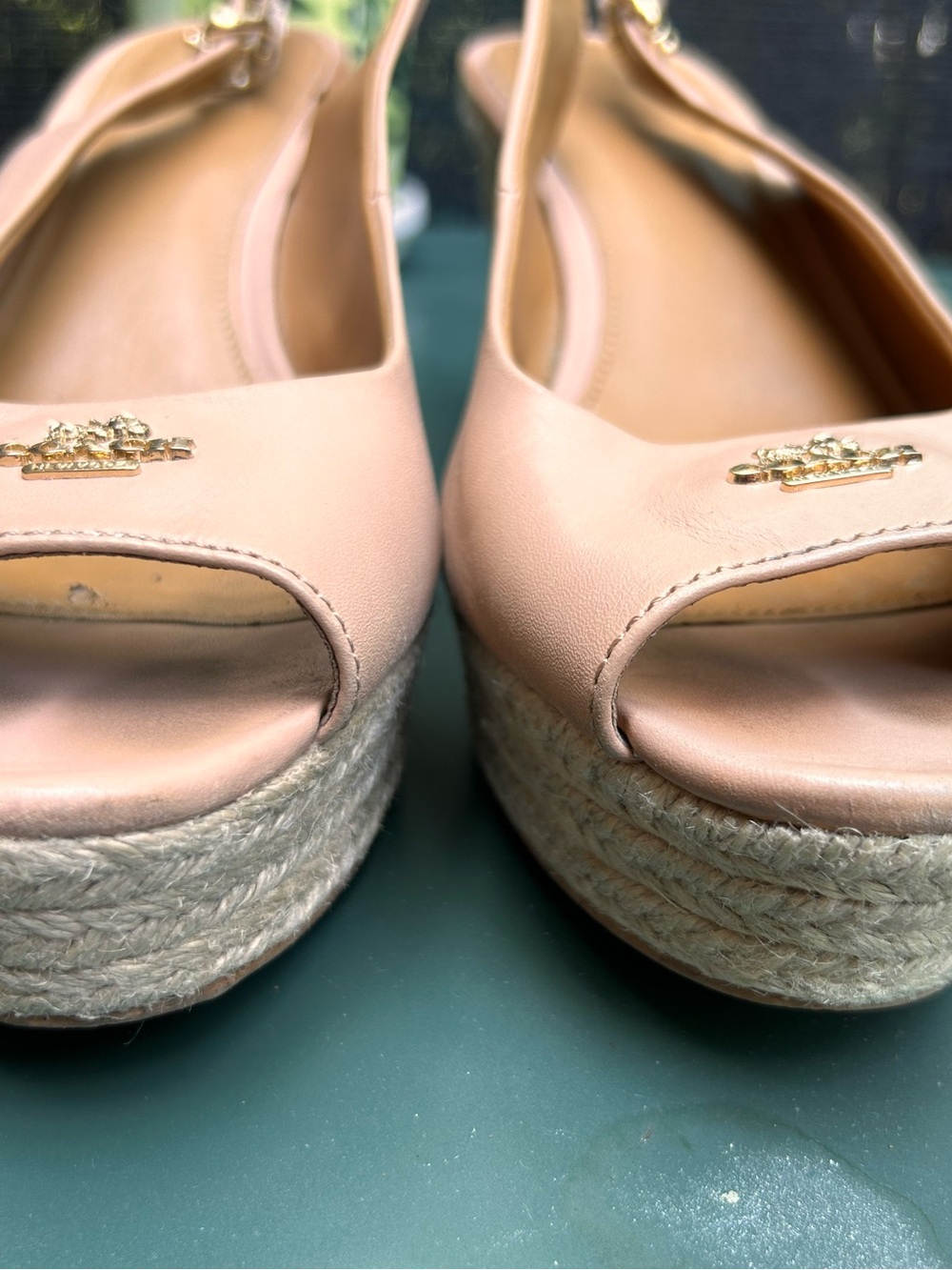 Coach Nude/Tan Leather Peep-Toe Slingback Flats - Picture 5 of 11